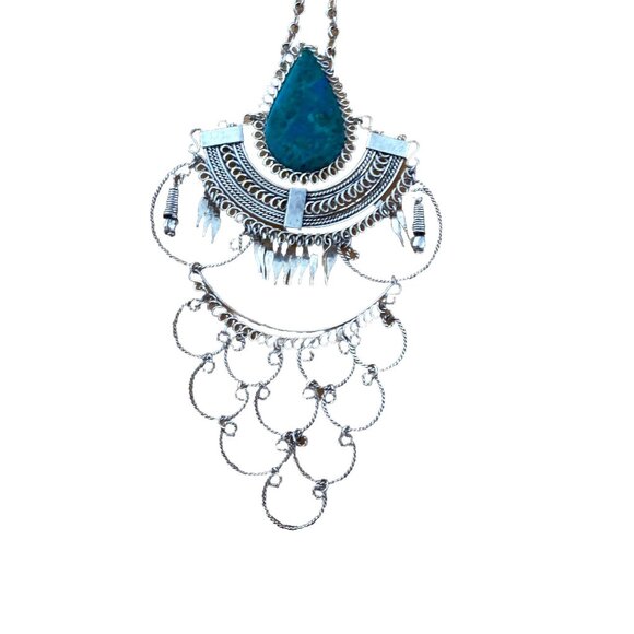 Vtg Handmade Chrysocolla Dangling Pendant Necklace BOHO Peruvian Folk Art Silver - Picture 1 of 7